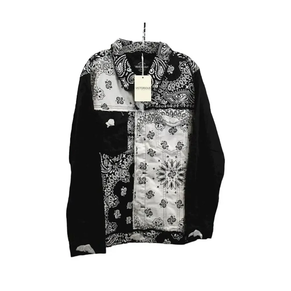 Victorious Colorblock Distressed Bandana Paisley Denim Button Jacket L - Picture 2 of 8